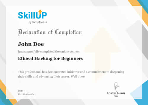 Simplilearn Ethical Hacking for Beginners Certificate Sample